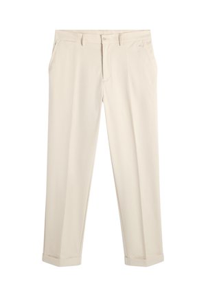 Pantaloni beige a gamba dritta con tasche laterali, chiusura con bottoni e orli risvoltati, esposti su sfondo bianco.