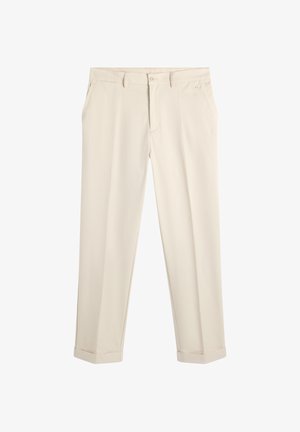 Pantalon beige à jambes droites avec poches latérales, fermeture à bouton et ourlets retroussés, présenté sur un fond blanc.