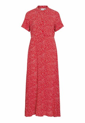 Piros rövid ujjú midi ruha fehér, szabálytalan pöttyökkel, gombos elülső résszel és kis gallérral.