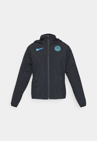 Black windbreaker jacket with hood, featuring a blue Nike logo and Inter Milan emblem, zip closure, and side pockets.
