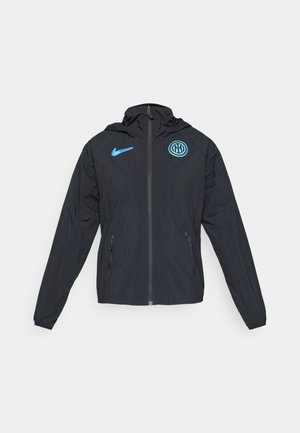 Black windbreaker jacket with hood, featuring a blue Nike logo and Inter Milan emblem, zip closure, and side pockets.