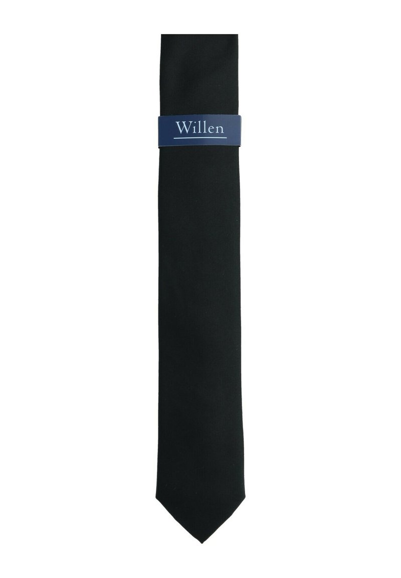 Black necktie with a sleek design. Features a tag with "Willen" in white text on a blue background. Fabric appears smooth with a matte finish.