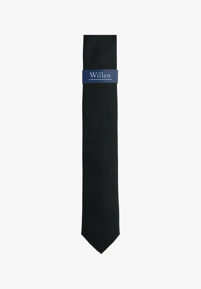 Black necktie with a sleek design. Features a tag with "Willen" in white text on a blue background. Fabric appears smooth with a matte finish.