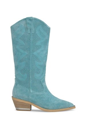 Bottes de cowboy en suède turquoise avec un bout pointu, des découpes à motifs et un talon empilé. Présente une couture décorative le long de la tige.