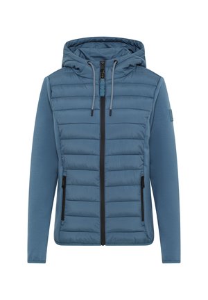 Gevoerde blauwe jas met een capuchon, voorzien van gladde stof, contrasterende zwarte rits, zijzakken en grijze koordaccenten.