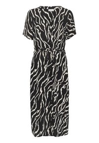 Robe à manches courtes noire et blanche avec un motif à rayures zèbre, fermeture à boutons sur le devant, taille ceinturée et longueur au genou. Fabriquée en tissu léger.