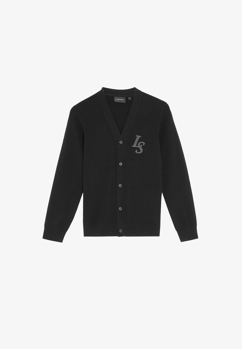 Schwarze, gestrickte Strickjacke mit V-Ausschnitt, sieben Knöpfen und grauem "LS"-Logo auf der linken Seite. Glatte Textur, lange Ärmel und gerippter Saum.