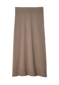 Jupe tricotée marron avec une texture lisse, présentant une taille haute et une silhouette en A, se terminant juste en dessous du genou.