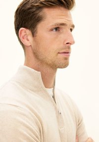 Ung mand med lyst brunt hår og blå øjne, iført en beige sweater med kvart lynlås, vendt mod højre med et neutralt udtryk mod en ensfarvet baggrund.