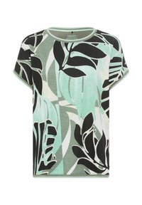 Short-sleeve green and black patterned t-shirt made of organic cotton, featuring a round neckline and abstract leaf designs on a light background.