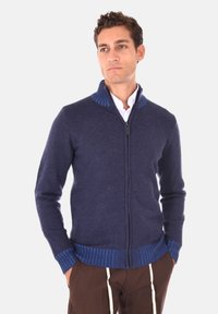 Maglione zip-up blu navy con colletto e polsini a coste, realizzato in morbido tessuto testurizzato. Presenta una vestibilità slim e un design frontale dritto.