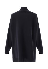 Schwarzer, langärmeliger Pullover mit hohem Kragen und lockerer Passform. Hergestellt aus weichem Stoff, mit gerippten Bündchen und geradem Saum.