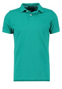 Polo shirt turchese in cotone, con colletto classico, due bottoni e maniche corte. Include un piccolo logo sul lato sinistro del petto.