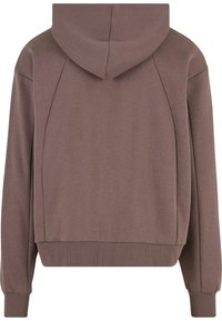 Felpa corta marrone con una consistenza morbida, dotata di un cappuccio arrotondato, polsini a costine e un design sul retro senza cuciture.