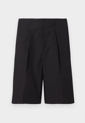 Svarte skreddersydde shorts laget av lett stoff, med folder, knepping og rett kant. Jevn tekstur og ingen synlige mønstre.