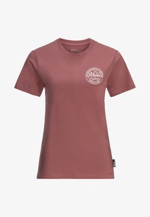 Tričko s krátkým rukávem z bavlny v barvě prachové růže, s předním grafikou loga se stromy a horami v bílé barvě. Klasický design s kulatým výstřihem.