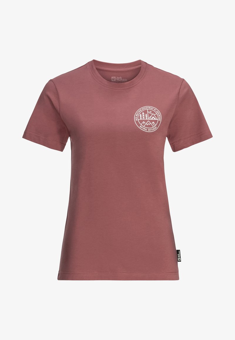 Tričko s krátkým rukávem z bavlny v barvě prachové růže, s předním grafikou loga se stromy a horami v bílé barvě. Klasický design s kulatým výstřihem.