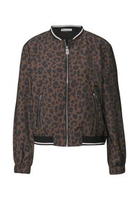 Hnědá bomber bunda s černým leopardím potiskem. Disponuje předním zipem, bočními kapsami a žebrovanými černými manžetami a spodním lemem.