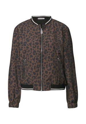 Brown bomber jacket with black leopard print. Features a front zipper, side pockets, and ribbed black cuffs and hem.