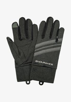 Mørkegrå handsker lavet af blødt stof, med sorte accenter og punktede reflekterende mønstre. Inkluderer logoet: "ENDURANCE" på håndledsområdet.