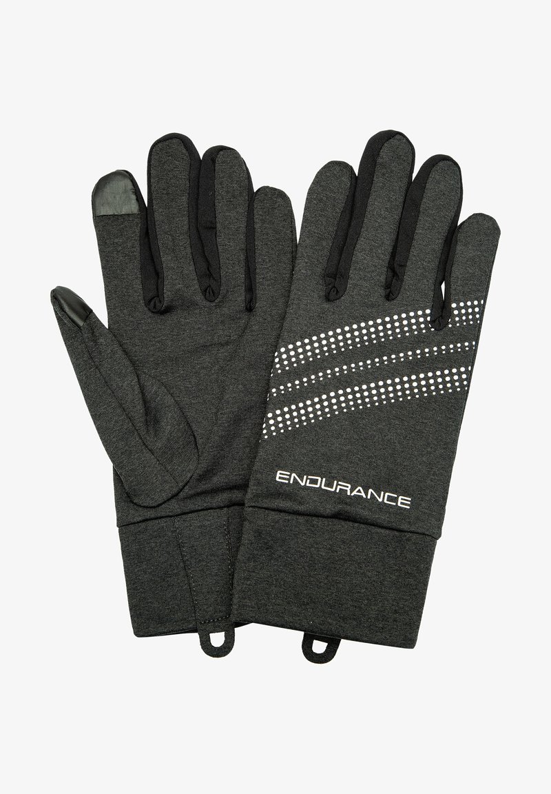 Mørkegrå handsker lavet af blødt stof, med sorte accenter og punktede reflekterende mønstre. Inkluderer logoet: "ENDURANCE" på håndledsområdet.