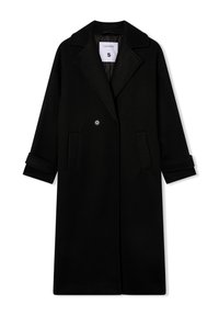 Długi czarny płaszcz wykonany z mieszanki wełny. Posiada klapowany kołnierz, podwójnie zapinane guziki, dwie przednie kieszenie oraz zawinięte mankiety.