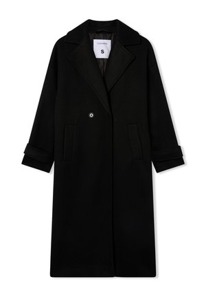 Cappotto lungo nero realizzato in una miscela di lana. Presenta un colletto a scollo, bottoni doppi, due tasche frontali e polsini arrotolati.