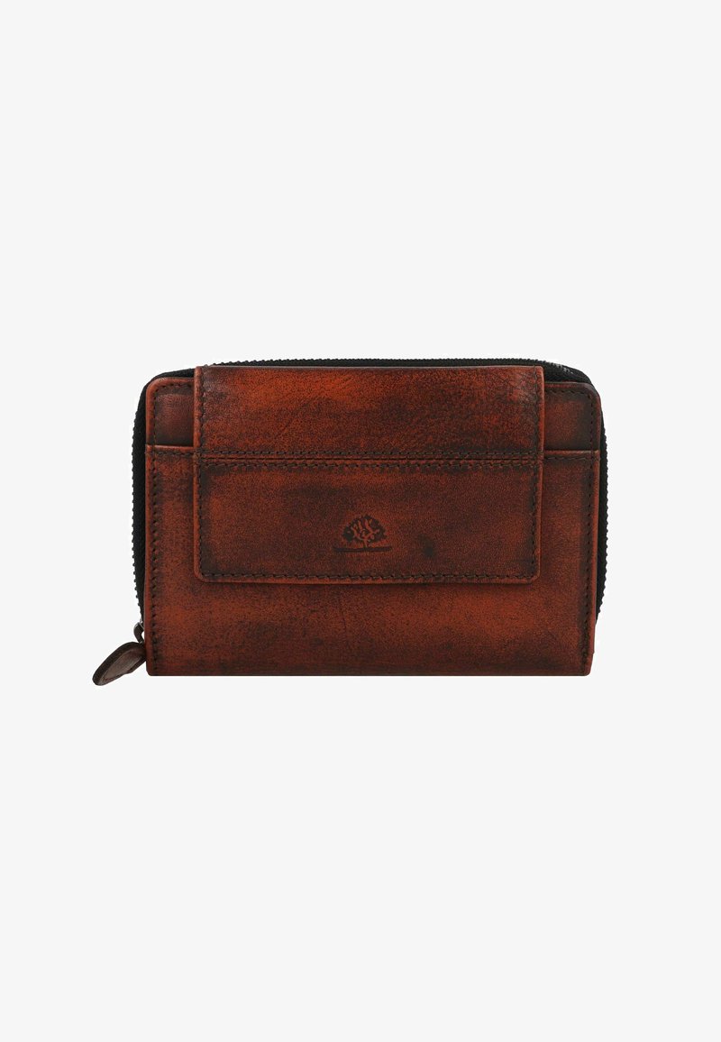 Cartera de cuero marrón con cierre de cremallera, bolsillo delantero y un acabado texturizado y desgastado. Presenta un sutil logo grabado en la parte frontal.