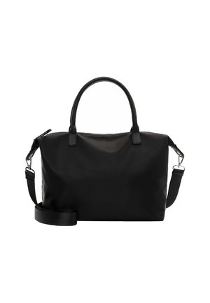Black synthetic handbag with smooth texture, dual top handles, and a detachable adjustable strap. Features a zip closure and minimal branding.
