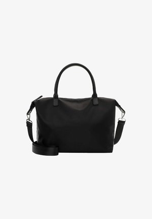 Sac à main synthétique noir avec une texture lisse, deux poignées supérieures et une bandoulière détachable et ajustable. Équipé d'une fermeture éclair et d'un branding minimal.