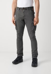 Gray cargo pants with a slim fit, featuring side pockets, a belt, and a button closure. Made from lightweight fabric with a smooth texture.