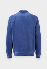 Sweatshirt azul em veludo com colarinho canelado, mangas longas e um corte descontraído. Textura suave sem padrões ou gráficos visíveis.