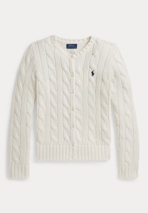 Biały kardigan z dzianiny warkoczowej z guzikami z przodu, ściągaczami na mankietach i u dołu oraz małym ciemnym logo Polo Ralph Lauren na piersi.