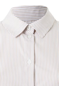 Camicia a righe beige chiaro e bianco con colletto classico, due bottoni davanti e texture liscia.