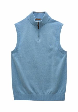 Hellblauer gestrickter ärmelloser Pulloverweste mit geripptem Kragen, Armausschnitten, Bund und halb durchgehendem Reißverschluss auf weißem Hintergrund.