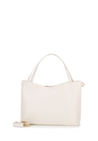 Witte leren tote bag met een gestructureerde afwerking, twee handvatten, een afneembare schouderband en een voorvak. Ronde bovenkant. Accenten van goudkleurig metaal.