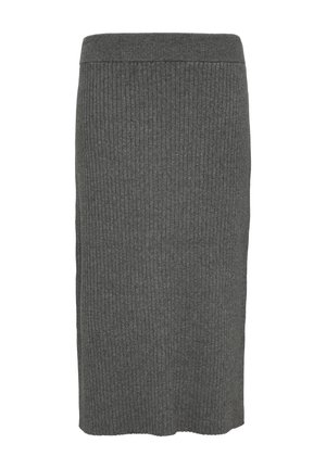 Grijze geribbelde gebreide kokerrok met een hoge taille en rechte silhouet, met een gladde textuur en zachte stof. Geen zichtbare versieringen.