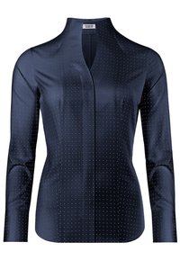 Marinebluse mit langen Ärmeln, V-Ausschnitt und glatter Textur. Verfügt über ein gepunktetes Muster in Weiß, strukturierte Passform mit dezenten Details.
