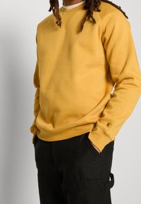 Felpa gialla con scollatura a girocollo, polsini a costine e una toppa con logo sulla manica. Abbinata a pantaloni neri, che mostrano una vestibilità comoda.