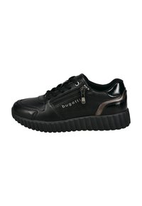Schwarze Ledersneaker mit strukturiertem, geripptem schwarzen Sohle; ausgestattet mit einem seitlichen Reißverschluss und Logodetails. Akzente in metallischer Ausführung.