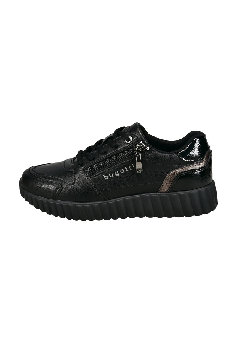 Schwarze Ledersneaker mit strukturiertem, geripptem schwarzen Sohle; ausgestattet mit einem seitlichen Reißverschluss und Logodetails. Akzente in metallischer Ausführung.