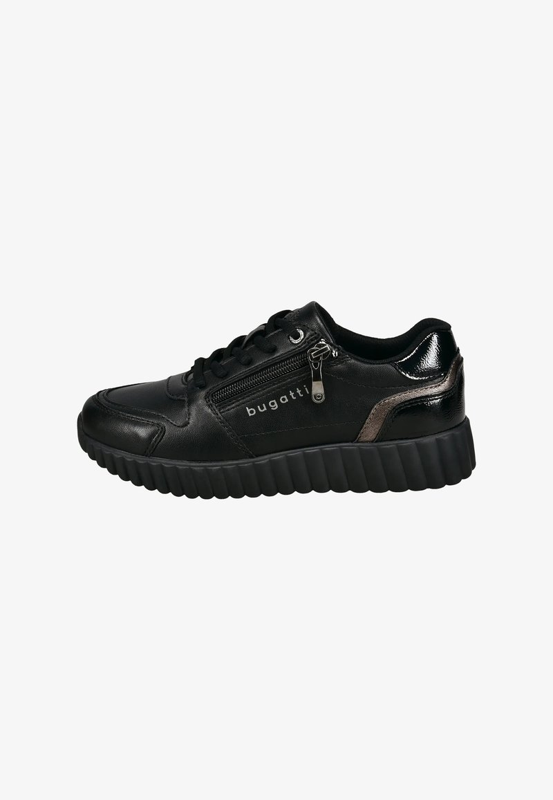 Schwarze Ledersneaker mit strukturiertem, geripptem schwarzen Sohle; ausgestattet mit einem seitlichen Reißverschluss und Logodetails. Akzente in metallischer Ausführung.