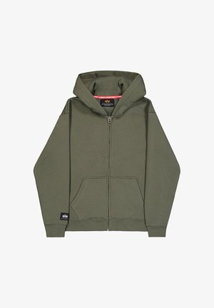 Olivgrüner Reißverschluss-Hoodie aus weichem Material mit einer Fronttasche, gerippten Bündchen und einer geräumigen Kapuze, mit einem kontrastierenden Innenetikett.