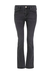 Jean en denim gris foncé avec une coupe slim, un design à jambe droite, des poches avant et une fermeture par bouton et fermeture éclair. Texture subtile.