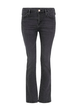 Donkergrijze denim jeans met een slim fit, recht model, voorzakken en een knoop- en ritssluiting. Subtiele textuur.