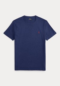 Granatowy t-shirt z krótkim rękawem i okrągłym dekoltem z małym czerwonym haftowanym logo Polo Ralph Lauren po lewej stronie klatki piersiowej.