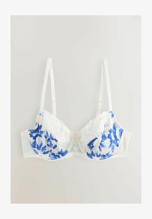 Weißer BH mit blauem Blumenmuster, Spitzenrand entlang der Cups, verstellbaren Trägern und nahtlosen Seiten für eine glatte Passform.