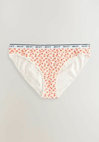 Bomullsbikini med blommönster i orange och rosa, kantad av ett svart midjeband med "NEXT"-logotyp.
