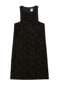 Robe noire sans manches avec un motif texturé floral et des accents de sequins. Design à coupe droite avec une fermeture éclair discrète à l'arrière.