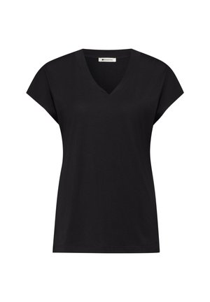 Černý top s krátkým rukávem a výstřihem do V, s přiléhavým pasem, vyrobený z měkké látky, značka Street One.
